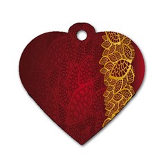 Floral Flower Golden Red Leaf Dog Tag Heart (two Sides) by Mariart