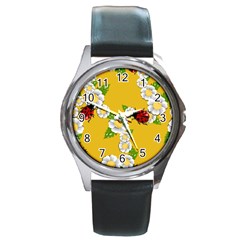 Flower Floral Sunflower Butterfly Red Yellow White Green Leaf Round Metal Watch