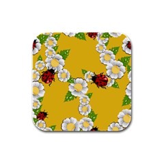 Flower Floral Sunflower Butterfly Red Yellow White Green Leaf Rubber Square Coaster (4 pack) 