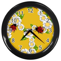 Flower Floral Sunflower Butterfly Red Yellow White Green Leaf Wall Clocks (Black)