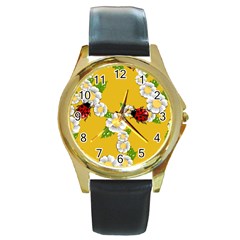 Flower Floral Sunflower Butterfly Red Yellow White Green Leaf Round Gold Metal Watch