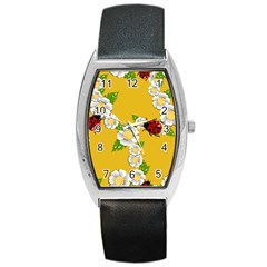 Flower Floral Sunflower Butterfly Red Yellow White Green Leaf Barrel Style Metal Watch