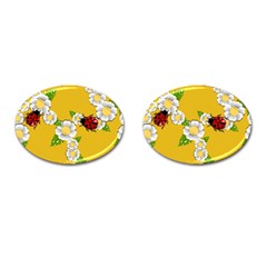 Flower Floral Sunflower Butterfly Red Yellow White Green Leaf Cufflinks (Oval)
