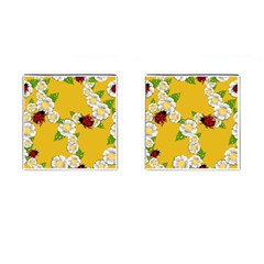 Flower Floral Sunflower Butterfly Red Yellow White Green Leaf Cufflinks (Square)