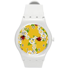 Flower Floral Sunflower Butterfly Red Yellow White Green Leaf Round Plastic Sport Watch (M)