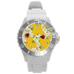 Flower Floral Sunflower Butterfly Red Yellow White Green Leaf Round Plastic Sport Watch (L)