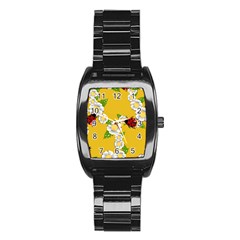 Flower Floral Sunflower Butterfly Red Yellow White Green Leaf Stainless Steel Barrel Watch