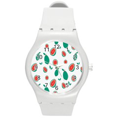 Fruit Green Red Guavas Leaf Round Plastic Sport Watch (m) by Mariart