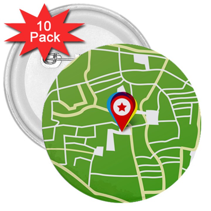 Map Street Star Location 3  Buttons (10 pack) 