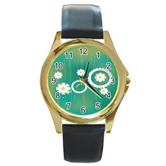 Sunflower Sakura Flower Floral Circle Green Round Gold Metal Watch