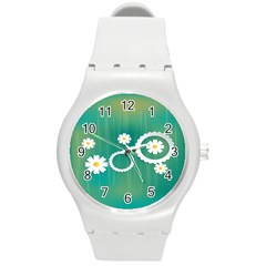 Sunflower Sakura Flower Floral Circle Green Round Plastic Sport Watch (M)