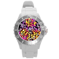 Purple Yellow Flower Plant Round Plastic Sport Watch (L)