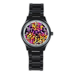 Purple Yellow Flower Plant Stainless Steel Round Watch