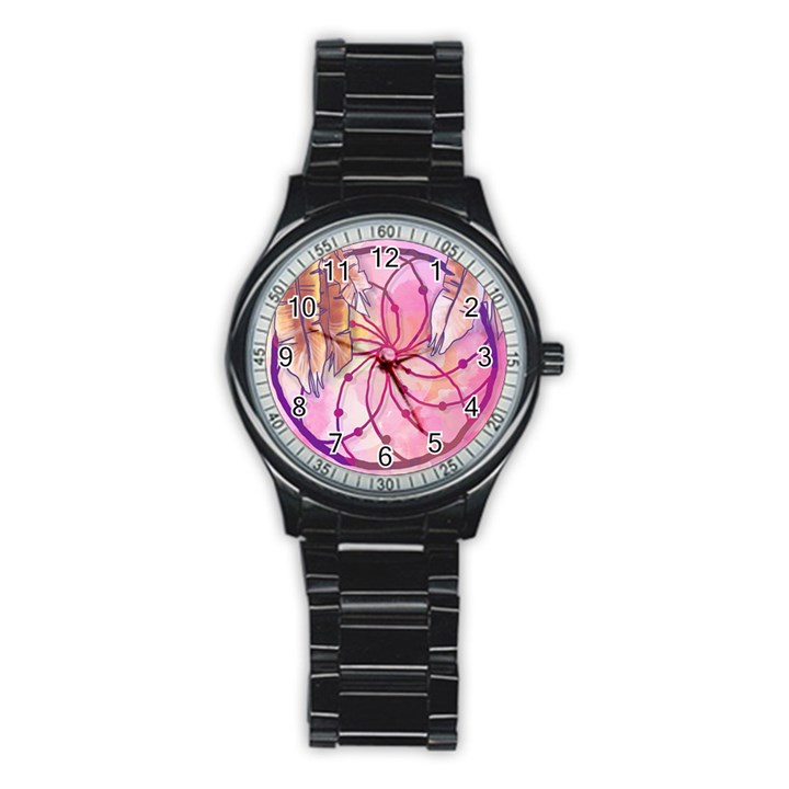 Watercolor cute dreamcatcher with feathers background Stainless Steel Round Watch