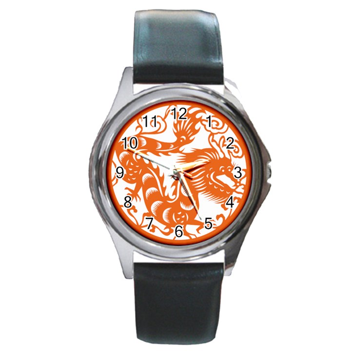 Chinese Zodiac Dragon Star Orange Round Metal Watch