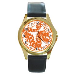 Chinese Zodiac Dragon Star Orange Round Gold Metal Watch