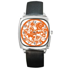 Chinese Zodiac Horoscope Monkey Star Orange Square Metal Watch by Mariart