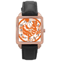Chinese Zodiac Horoscope Zhen Icon Star Orangechicken Rose Gold Leather Watch 