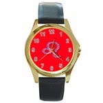 Illustrated Zodiac Red Purple Star Polka Dot Round Gold Metal Watch Front