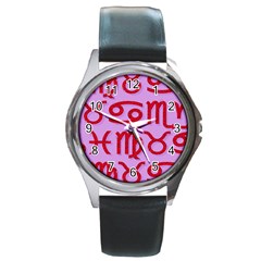 Illustrated Zodiac Red Purple Star Round Metal Watch by Mariart