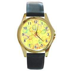 Watercolors On A Yellow Background                Round Gold Metal Watch by LalyLauraFLM