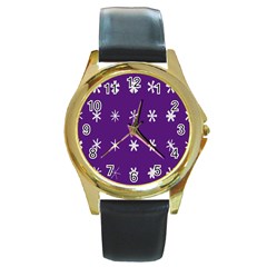 Purple Flower Floral Star White Round Gold Metal Watch