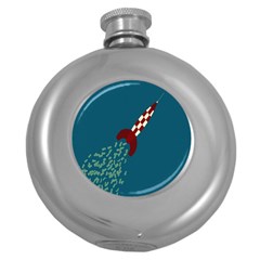 Rocket Ship Space Blue Sky Red White Fly Round Hip Flask (5 oz)