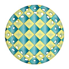 Yellow Blue Diamond Chevron Wave Round Filigree Ornament (two Sides)