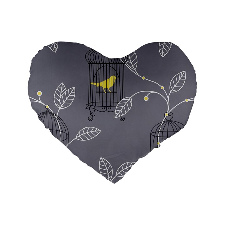 Cagr Bird Leaf Grey Yellow Standard 16  Premium Flano Heart Shape Cushions