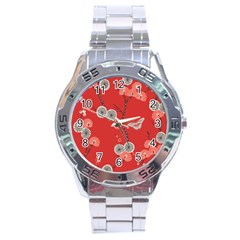 Dandelions Red Butterfly Flower Floral Stainless Steel Analogue Watch