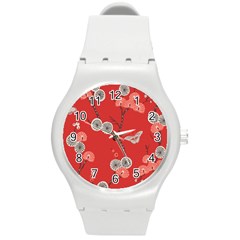Dandelions Red Butterfly Flower Floral Round Plastic Sport Watch (m)