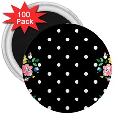 Flower Frame Floral Polkadot White Black 3  Magnets (100 Pack)