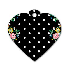 Flower Frame Floral Polkadot White Black Dog Tag Heart (one Side) by Mariart