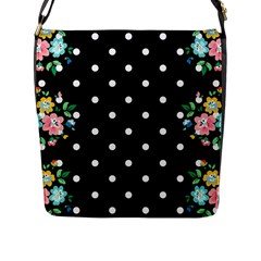 Flower Frame Floral Polkadot White Black Flap Messenger Bag (l) 