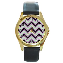 Zigzag pattern Round Gold Metal Watch