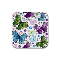 Butterfly Animals Fly Purple Green Blue Polkadot Flower Floral Star Rubber Square Coaster (4 Pack)  by Mariart