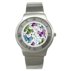 Butterfly Animals Fly Purple Green Blue Polkadot Flower Floral Star Stainless Steel Watch