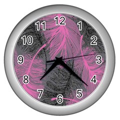 Feathers Quill Pink Grey Wall Clocks (silver) 