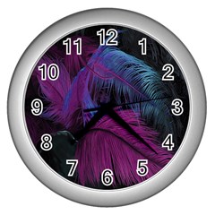 Feathers Quill Pink Black Blue Wall Clocks (silver) 