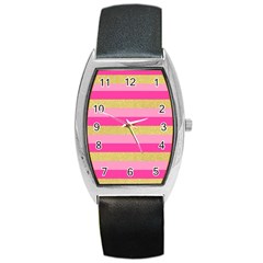 Pink Line Gold Red Horizontal Barrel Style Metal Watch