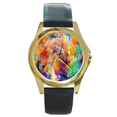 Rainbow Color Splash Round Gold Metal Watch