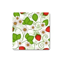 Strawberry Fruit Leaf Flower Floral Star Green Red White Square Magnet