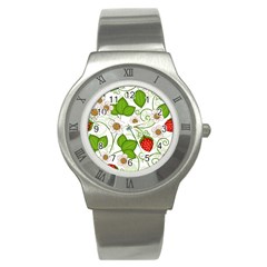 Strawberry Fruit Leaf Flower Floral Star Green Red White Stainless Steel Watch by Mariart