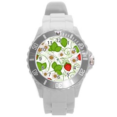 Strawberry Fruit Leaf Flower Floral Star Green Red White Round Plastic Sport Watch (l) by Mariart