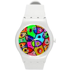 Digitally Painted Colourful Abstract Whimsical Shape Pattern Round Plastic Sport Watch (M)