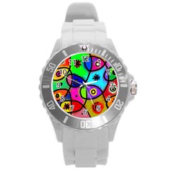 Digitally Painted Colourful Abstract Whimsical Shape Pattern Round Plastic Sport Watch (L)