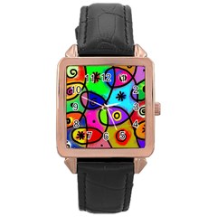 Digitally Painted Colourful Abstract Whimsical Shape Pattern Rose Gold Leather Watch 