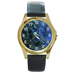 Shiny Blue Pebbles Round Gold Metal Watch