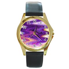 Purple And Yellow Zig Zag Round Gold Metal Watch