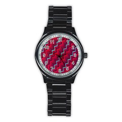 Red Turquoise Black Zig Zag Background Stainless Steel Round Watch